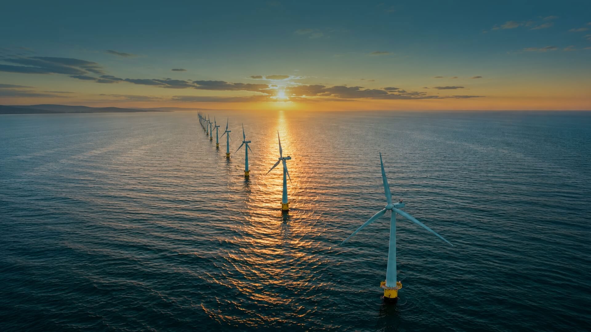 Renewable Engergy Windmills In The Sea In Ireland At Sunset With Golden Sun